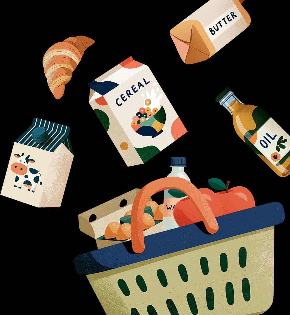 Una canasta de mercado con frutas, huevos y agua, y encima flotando un croissant, mantequilla, cereal, leche y aceite